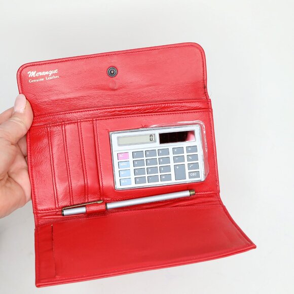 Vintage Merangue Red Genuine Leather Bifold Wallet with Calculator & Pen Retro - Picture 5 of 11